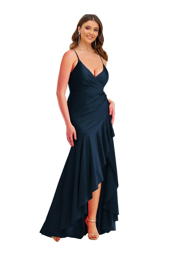 Compra Azul marina oscuro Sirena Tirantes espagueti Satén sedoso Largo Asimétrico Formales Vestidos de dama de honor / Vestidos de fiesta