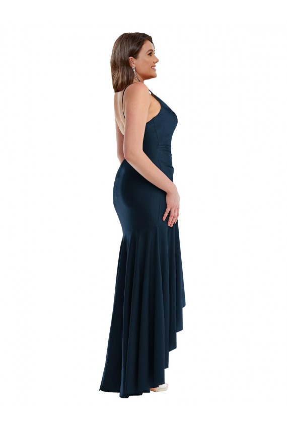 Compra Azul marina oscuro Sirena Tirantes espagueti Satén sedoso Largo Asimétrico Formales Vestidos de dama de honor / Vestidos de fiesta