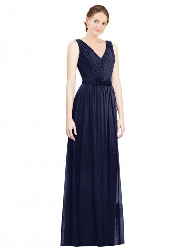 Azul marina oscuro línea A Cuello en V Gasa Largo Vestidos de dama de honor Baratos