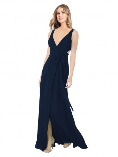Azul marina oscuro línea A Cuello en V Gasa Largo Vestidos de dama de honor Baratos