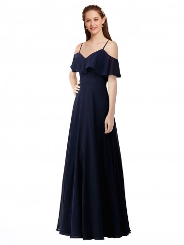 Azul marina oscuro línea A Hombros Descubiertos Cuello en V Gasa Largo Vestidos de dama de honor Baratos
