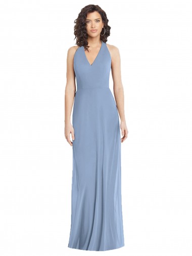Azul polvoriento Trompeta Halter Cuello en V Gasa Largo Formales Vestidos de dama de honor / Vestidos de noche Baratos