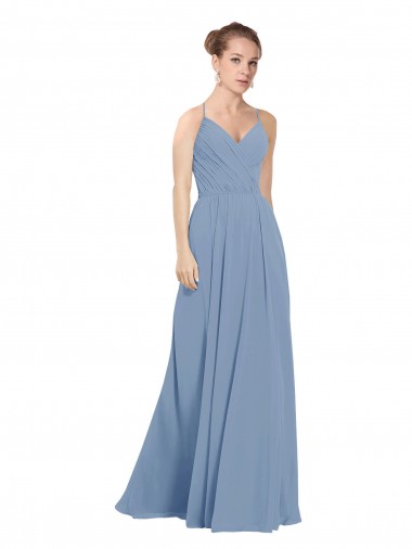 Azul polvoriento línea A Cuello en V Gasa Largo Vestidos de dama de honor Baratos