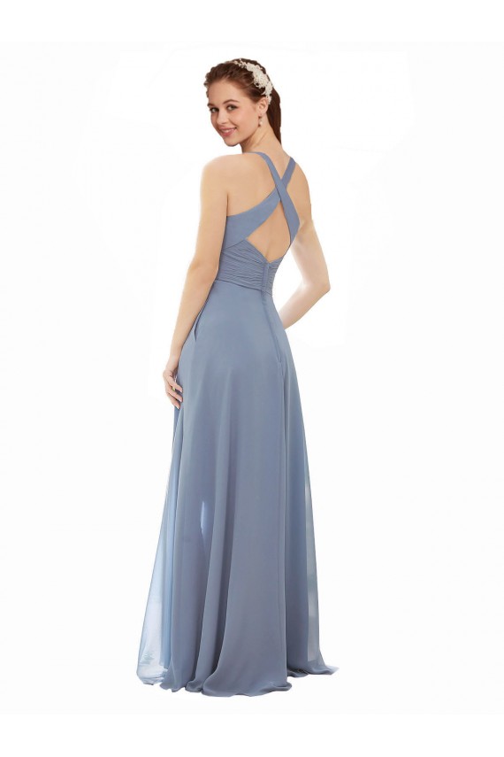 Compra Azul polvoriento línea A Halter Cuello Alto Gasa Largo Vestidos de dama de honor