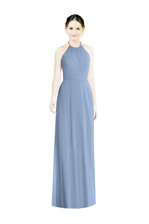 Compra Azul polvoriento línea A Halter Gasa Largo Vestidos de dama de honor