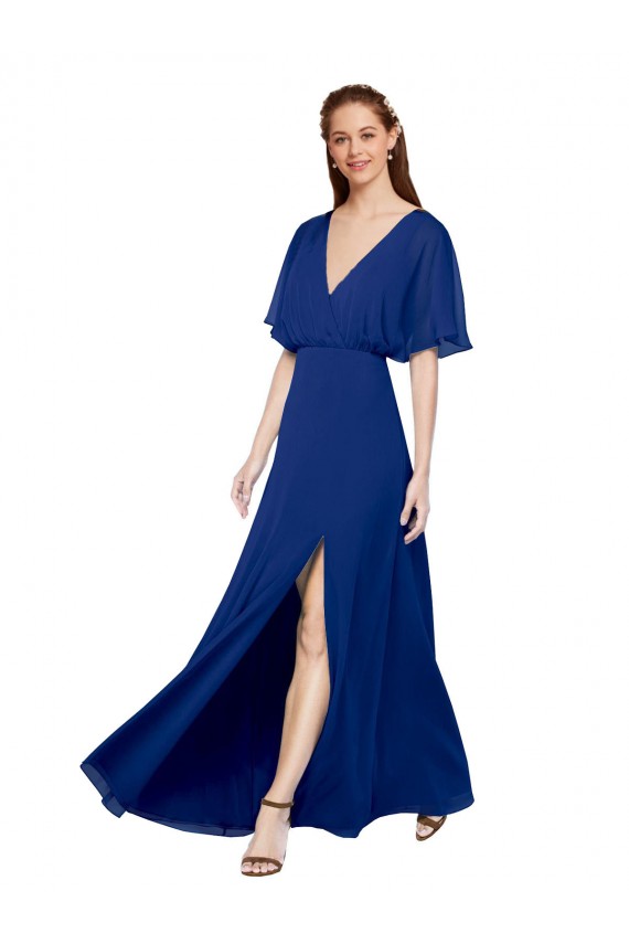 Compra Azul real línea A Cuello en V Gasa Largo Vestidos de dama de honor