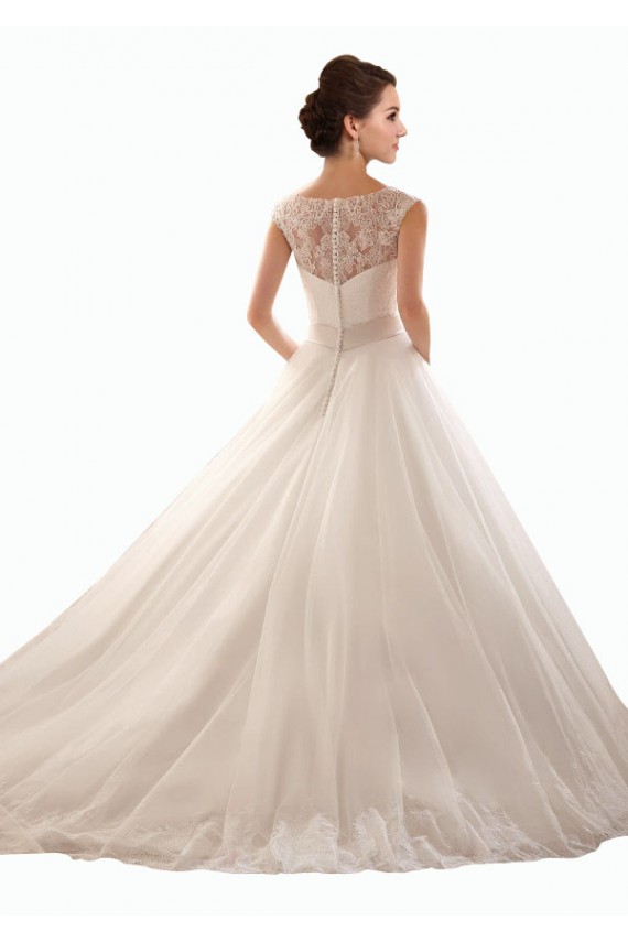 Compra Blanco Hombros Descubiertos Cola capilla Tul Encaje Vestidos de novia