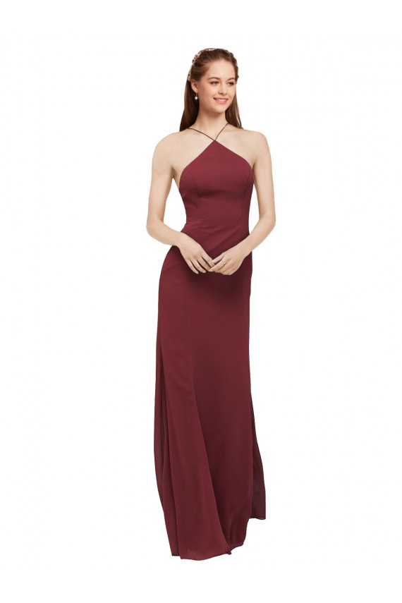 Compra Borgoña Cubierta Halter Gasa Largo Vestidos de dama de honor