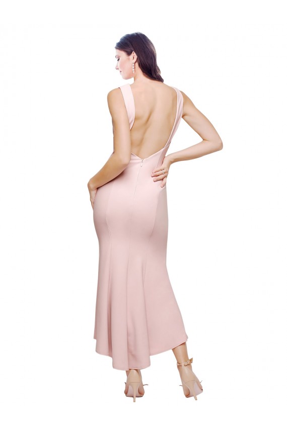 Compra Rosa Cubierta Cuello Alto Midi Crepé Elástico Corto Asimétrico Formales Vestidos de dama de honor / Vestidos de fiesta / Vestidos de cóctel