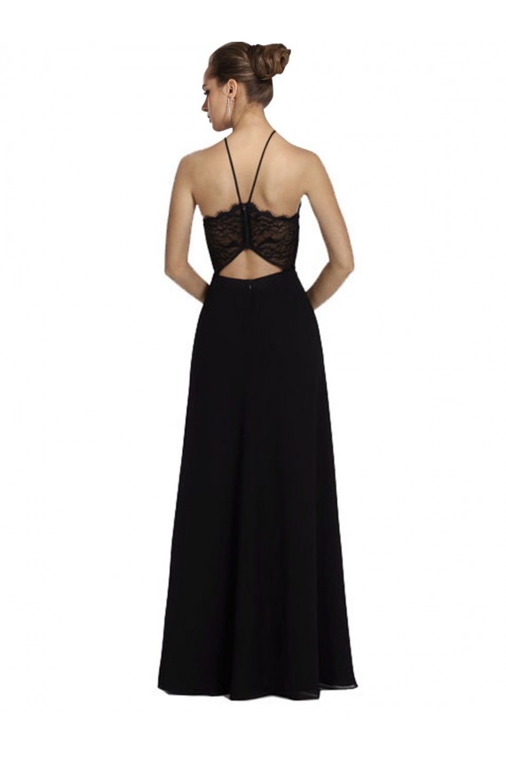 Compra Negro línea A Halter Gasa Encaje Largo Vestidos de dama de honor
