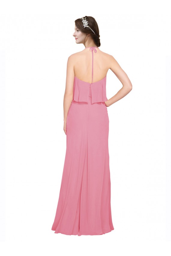 Compra Piel rosa línea A Halter Cuello Alto Gasa Largo Vestidos de dama de honor