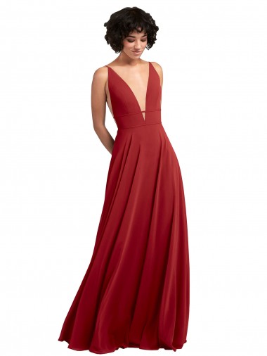Rojo línea A Cuello en V Gasa Largo Vestidos de dama de honor Baratos
