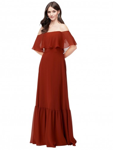 Rojo línea A Hombros Descubiertos Gasa Largo Vestidos de dama de honor Baratos
