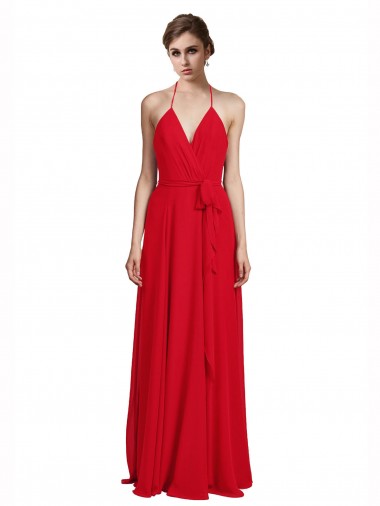 Rojo línea A Tirantes espagueti Halter Cuello en V Gasa Largo Vestidos de dama de honor Baratos