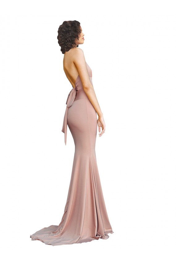 Compra Rosa empolvado Sirena Cuello en V Spandex Largo Formales Vestidos de dama de honor / Vestidos de fiesta