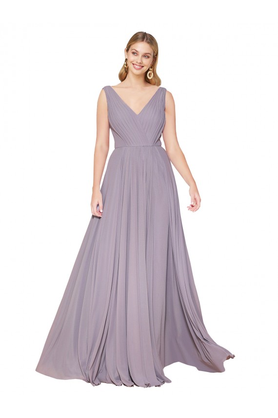 Compra Rosa polvorienta línea A Cuello en V Cuello Alto Gasa Largo Formales Vestidos de dama de honor / Vestidos de fiesta