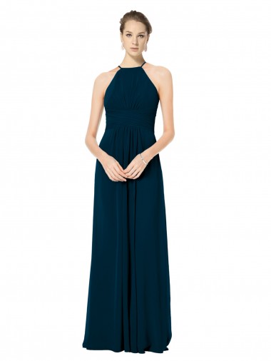 Verde Midnight línea A Tirantes espagueti Halter Gasa Largo Vestidos de dama de honor Baratos