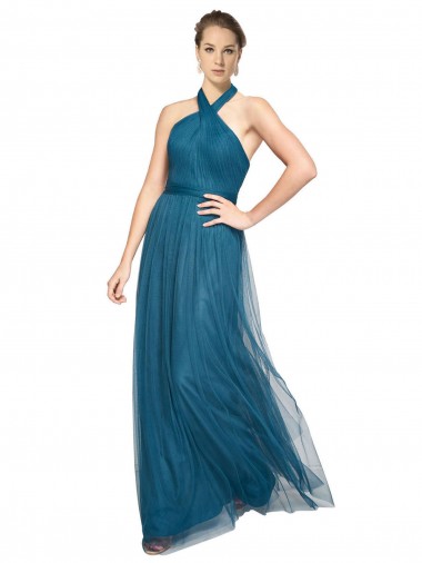 Verde azulado línea A Halter Cuello Alto Tul Largo Vestidos de dama de honor Baratos