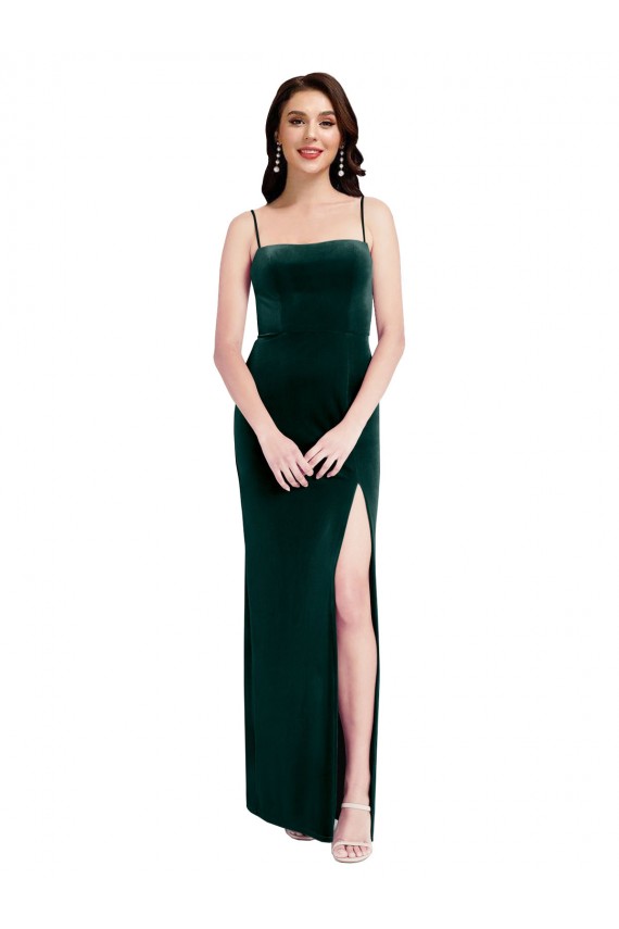 Compra Verde oscuro Cubierta Tirantes espagueti Cuadrado Terciopelo Elástico Largo Vestidos de dama de honor / Vestidos de fiesta
